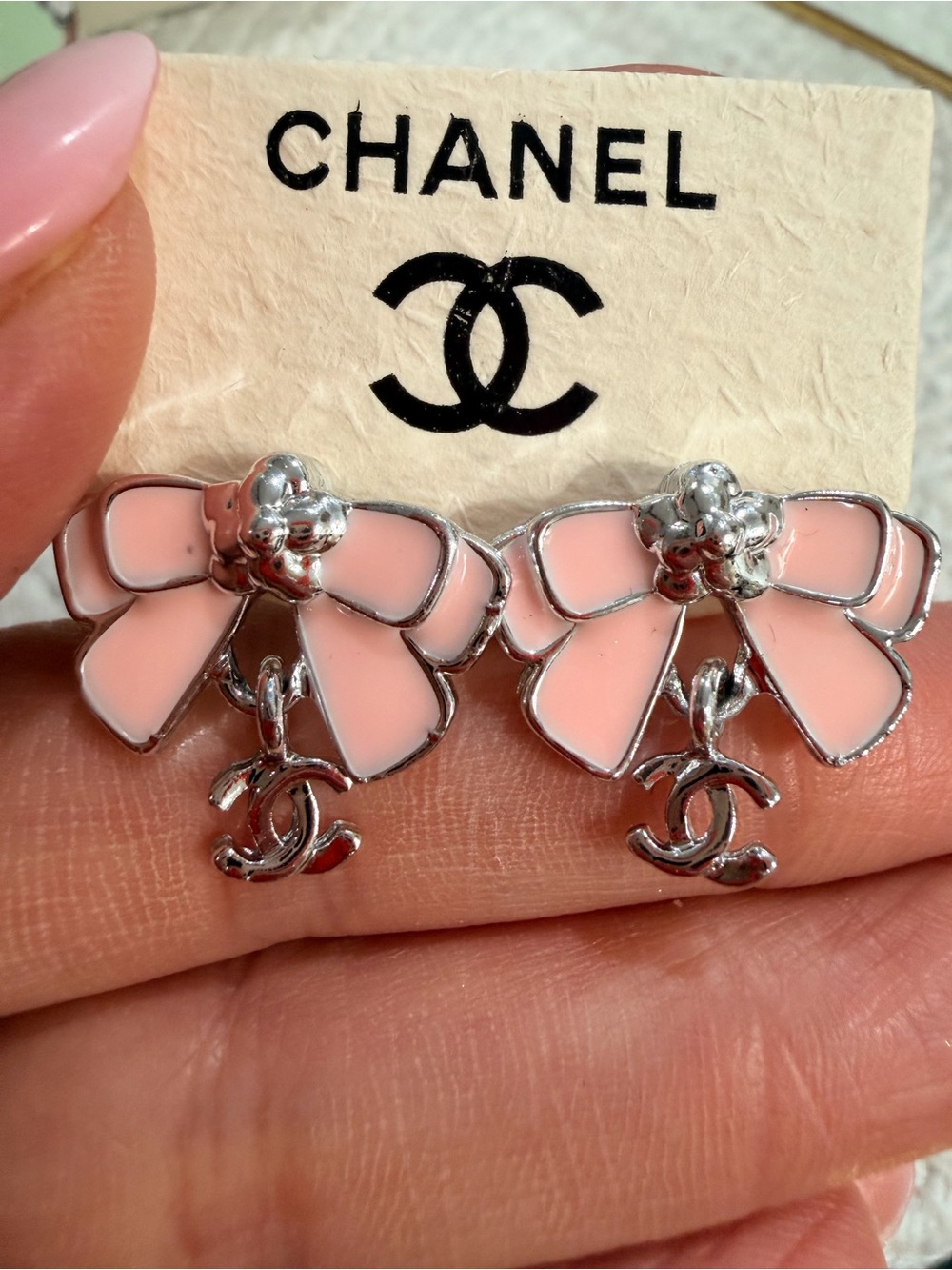 Pink Enamel Bow Earrings with CC Drop | New